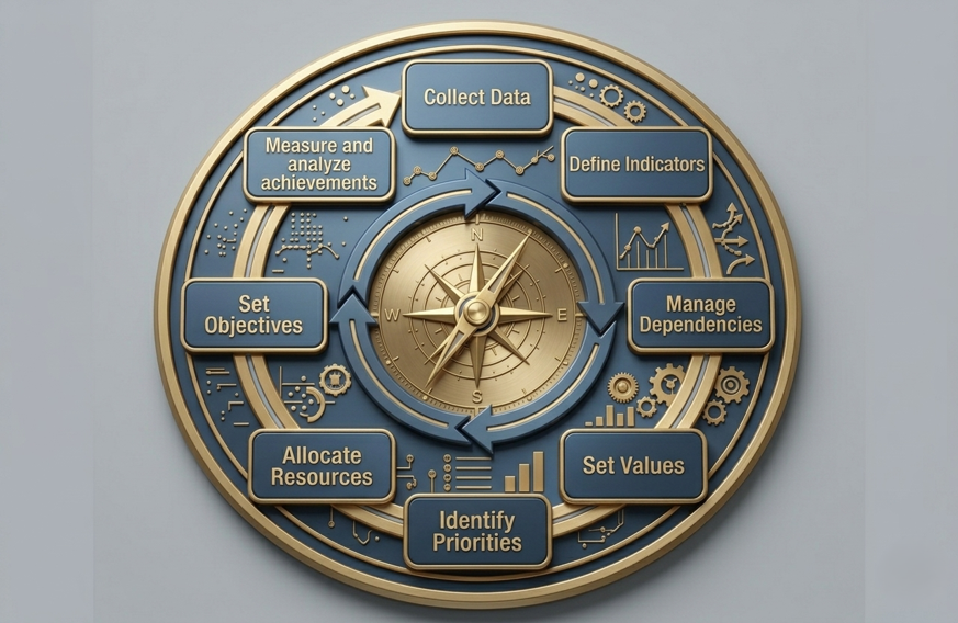 Indicator management cycle: collect data, define indicators, manage dependencies, set values, identify priorities, allocate resources, set objectives, measure and analyze achievements